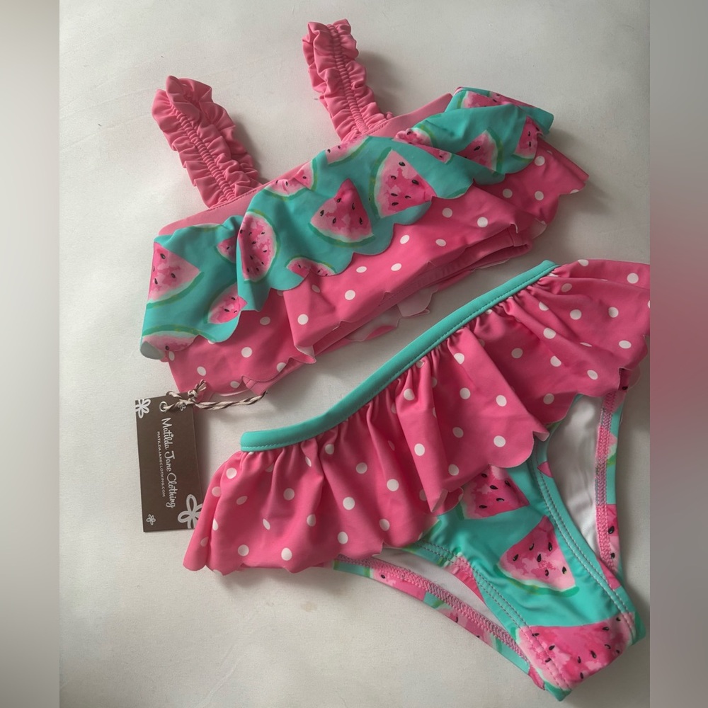 Matilda Jane Pink and Green Watermelon Two Piece Polka Dot Bikini NEW with liner